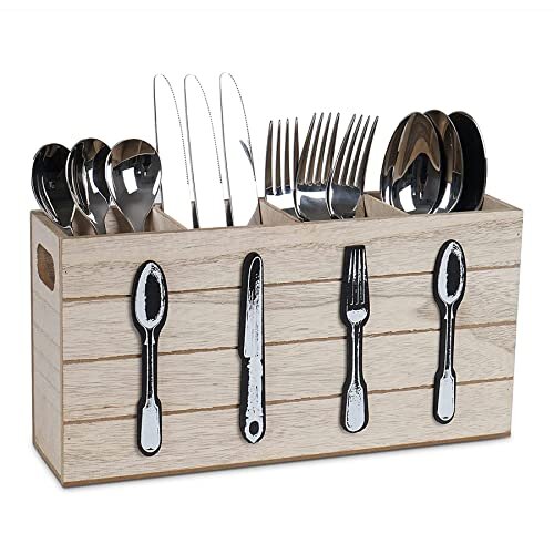 WPAJIRZO Premium Flatware Organizer Caddy,Kitchen Utensil Holder 4 Compartments with Handle Natural Wooden Cutlery Organiser Stand for Spoon Knif